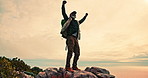 Mature man, success and excited on mountain for exercise, wellness and accomplishment. Male person, arms up and happy on summit for victory, achievement and fitness goal with freedom in nature