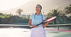 Woman, tennis and court with training, sports and contest with sunshine, exercise and recreation. Person, outdoor and player with racket, practice and competition with hobby, activity and fitness