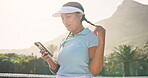 Woman, sport and smile with smartphone as tennis player on social media and engage with fans in Brazil. Female person, outdoor and smile with networking or communication with memes or funny videos