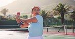 Sports, tennis and woman on court stretching for competition, tournament match and game. International athlete, fitness and person warm up, exercise and workout for practice, event and training