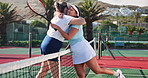 Hugging, women and tennis players on court for match, training or cardio workout together. Sports, friends and female athletes embracing for well done at badminton game, practice or competition.