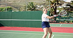 Woman, cardio and tennis court with fitness, sports and training with sunshine, exercise and contest. Person, outdoor and player with racket, practice and competition with hobby, activity and energy