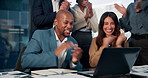 Business people, celebration and applause with laptop in office for audit success and regulatory compliance achievement. Clapping, happy and team by accounting firm with good news and recognition.