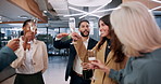 Business, people and toast with champagne in office for celebration and achievement. Employees, alcohol and happy for congratulations with team building, collaboration and winning with victory