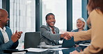 Office, people and handshake with applause or happy for business deal, success and congratulation. Diversity, employees and smile or excited with partnership, teamwork and collaboration in boardroom