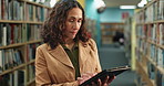 Woman, library and publisher with tablet for inspection, inventory or checking stock on bookshelf at bookstore. Female person, author or librarian with technology for bookkeeping service at book shop