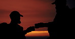 People, drinking coffee and silhouette for wellness with backpack, hiking and fitness for sports, recreation or health. Camping, hiker and relax for wellbeing, sunset or travel in nature or adventure