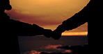 Fist bump, sunset and silhouette of people in nature for celebration of hiking activity together. Power, bonding and shadow closeup of friends knocking hands in evening for trekking hobby outdoor.