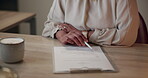 Hands, corporate and woman with document contract to review information, legal process and sign agreement. Person, writing and paperwork of negotiation detail, compliance and terms of risk management