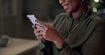 Business, black woman and smartphone in office at night with hands for client communication and stock trading. Closeup, investment banker and online for economic trends, financial reports and update.
