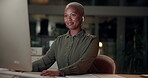 Black woman, talking and typing with computer, office and night as multilingual support agent. Female person, tech and earphones for international call center, working or conversation as professional