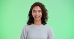 Happy, woman and portrait on green screen for fashion, confidence and career pride. Smile, female person and carefree on chroma key for natural beauty, laughing and positivity for news or update