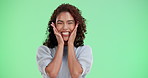 Excited woman, surprise and winning with green screen for promotion, prize or sale on a studio background. Portrait of happy female person, model or smile for special deal or alert on mockup space