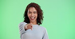 Green screen, face or woman with smile for choose, select or point to you for partnership. Student, happy or excited with hand gesture for choice, decision or vote for submission date by mockup space