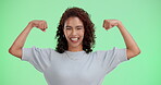 Bicep, flexing and fitness with smile of person in studio on green screen for girl power or strength. Arms, exercise and portrait of happy person showing strong muscles for health or wellness