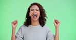 Woman, celebration and winner portrait by green screen for lottery prize, achievement and giveaway. Girl, face and excited victory for winning competition, success and promotion by studio background