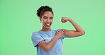 Volunteer, woman and happy in green screen with biceps for love, support and care. Portrait, studio and smile or exited with confident on community service or charity for change, trust and NGO