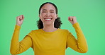 Green screen, woman and face with celebration in studio for creative achievement, accomplishment and motivation. Girl, portrait and happy for success or personal milestone, positive feedback and joy.