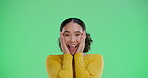Wow, surprise and portrait of woman on green screen for news, announcement and information in studio. Excited, happy and face of isolated girl smile with shocked, emoji and omg facial expression