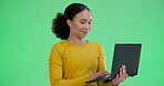 Smile, woman and laughing with laptop on green screen for typing on social media, streaming funny video or website. Happy, female person and pc for communication, reading and online meme on chromakey