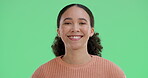 Green screen, face and woman with laugh for comedy, joke and reaction to funny gossip with humor. Chromakey, female person and positive with emoji in studio background, happiness and mockup space