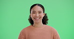 Green screen, face and woman with laugh for funny, joke and reaction to comedy gossip with humor. Chromakey, female person and positive with emoji in studio background, happiness and mockup space