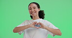 Gesture, heart and woman in green screen, portrait and happy for donation to charity and community service. Banner, volunteer and person with kindness in studio background, space and non profit