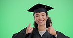 Face, green screen and girl with thumbs up, graduation and agreement on studio background. Portrait, person and woman with hand gesture, like and emoji for feedback, review and achievement with smile