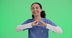 Heart, sign and woman nurse on green screen with smile for healthcare support, helping hand and trust. Medical, expert and portrait with love emoji for safety or thank you on studio background mockup