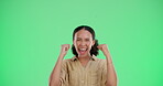 Green screen, girl and face with smile for celebration in studio for achievement, accomplishment and motivation. Woman, portrait and you for choice or option, hiring and positive feedback to recruit.