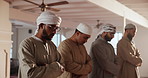 Men, islam and praying with salah at mosque in jamaah for holy gathering, spiritual faith or worship. Muslim man, friends or group in takbir, glorifying god or allah for religious belief together