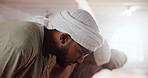 Belief, mosque and prayer with Islamic men in temple together for culture, faith or religion. Allah, hajj and ramadan kareem with Muslim people praying for Eid Mubarak or holy commitment to tradition