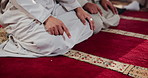 Muslim, kneeling and people in mosque for prayer, fasting and faith in religious community in Qatar. Islamic, hands and group in temple for spiritual healing, praise and peace in place of worship