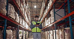 Man, tablet and manufacturing in warehouse for logistics, quality control and stock management for delivery. Male person, tech and packaging with freight, supply chain or shipping company in industry