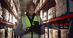 Black man, tablet and inspection in warehouse for distribution, shipping business and supply chain. African guy, factory manager and tech for logistics checklist, inventory management and ecommerce