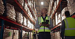 Tablet, inspection and man in logistics, factory and checklist on app for maintenance of product. Business, storage and manufacturing of stock for shipping, inspector and online for inventory