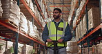 Logistics, boxes and man in warehouse with trolley, storage management and shipping export. Delivery, transport and worker in cargo plant for industrial distribution, supply chain or stock inventory