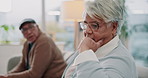 Elderly couple, fight and divorce with argument on sofa for disagreement, conflict or discussion at home. Senior man and frustrated woman in toxic relationship, breakup or dispute in living room