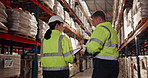People, warehouse and communication with tablet for logistics, inventory management and tracking or update stock levels. Man, woman and speaking with internet in distribution factory for work orders.