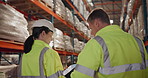 People, warehouse and conversation with tablet for logistics, inventory management and tracking or update stock levels. Man, woman and lens flare with internet in distribution factory for work orders