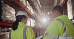 People, warehouse and discussion with tablet for logistics, inventory management and tracking or update stock levels. Man, woman and lens flare with internet in distribution factory for work orders.