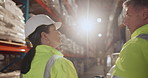 Logistics, team and talk in warehouse for planning, inventory management and item code update. Brainstorming, man and woman in factory storage for inspection, distribution safety and export service