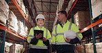 Logistics, team and tablet in factory for talk, inventory management and item code update. Tech, man and distribution officer in warehouse storage for inspection, workplace safety and export service