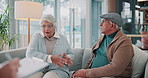 Fight, marriage and senior couple in therapy for fixing problems in medical office for divorce. Argument, upset and elderly people with disagreement or conflict for retirement in psychology consult.