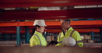 Logistics, tablet and inspection team in warehouse for stock management, supply chain or inventory check. Export, checklist and man with woman in discussion for distribution, shipping or delivery 