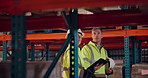 Logistics, tablet and man with woman in warehouse for inspection, supply chain or inventory check. Export, checklist and employees in discussion for distribution, shipping or review merchandise