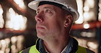 Businessman, helmet and contractor with inspection in logistics for stock control or quality assurance at warehouse. Young man or employee checking supply chain with hard hat for monitoring shippment