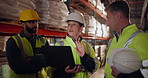 Logistics, laptop and business people in warehouse, engineering and cooperation with support. Group, employees or inspector with computer, internet or online schedule with planning, storage or talk