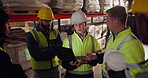 Meeting, laptop or business people in warehouse, engineering or cooperation with planning. Group, employees or inspector with computer, internet or online schedule with logistics, storage or shipping