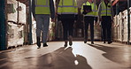 Business people, walking and logistics with team in warehouse for stock control or quality assurance. Group of employees or contractors strolling in supply chain, distribution or goods and services